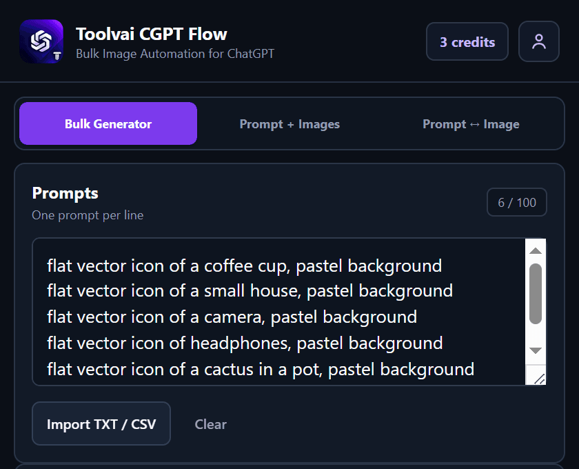 CGPT Flow prompts box with six prompts